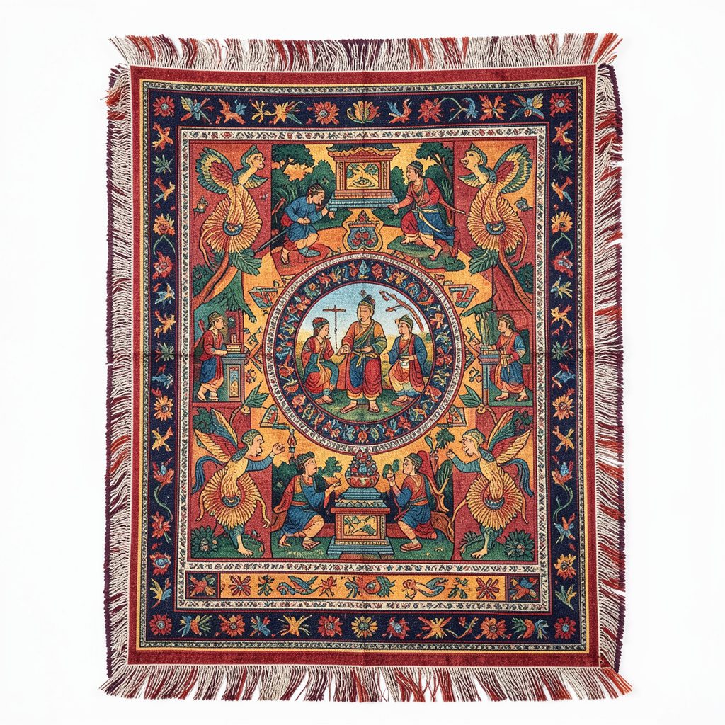 Colorful hand-stitched story cloth panel featuring traditional figures and patterns in teal, magenta, gold, and deep blue on a cream background, evoking a warm cultural heritage mood.